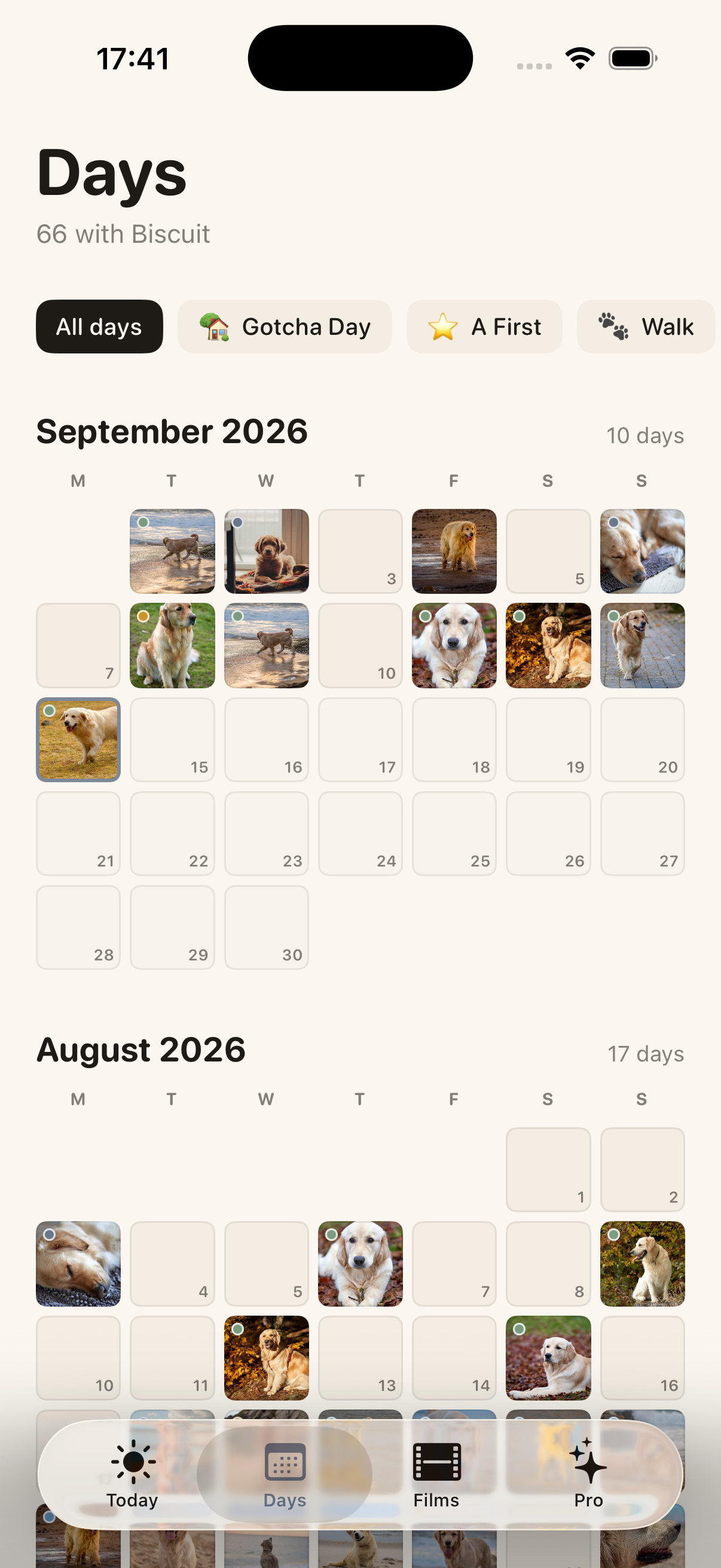 The Days calendar: September and August as grids of dog photos, with the gaps left honest